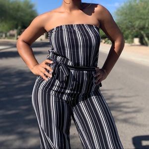 Black Strapless Jumpsuit (Striped)
